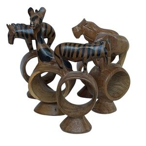 Vintage Hand-carved African Animal Napkin Rings Giraffe Zebra Elephant Tiger